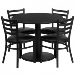 MFO 36'' Round Black Laminate Table Set with 4 Ladder Back Metal Chairs - Black Vinyl Seat