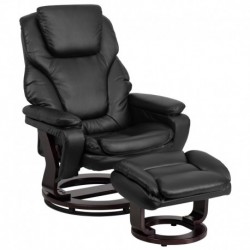 MFO Contemporary Black Leather Recliner and Ottoman with Swiveling Mahogany Wood Base