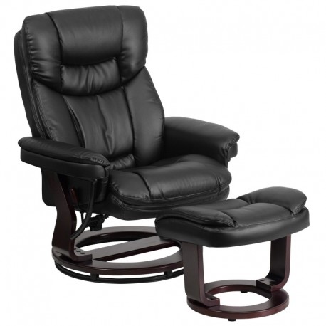 MFO Contemporary Black Leather Recliner and Ottoman with Swiveling Mahogany Wood Base