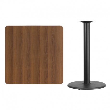MFO 36'' Square Walnut Laminate Table Top with 24'' Round Bar Height Table Base