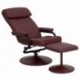 MFO Contemporary Burgundy Leather Recliner and Ottoman with Leather Wrapped Base