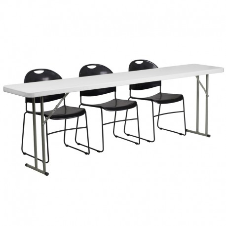 MFO 18'' x 96'' Plastic Folding Training Table with 3 Black Plastic Stack Chairs