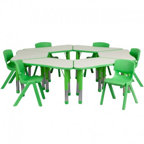 MFO Green Trapezoid Plastic Activity Table Configuration with 6 School Stack Chairs