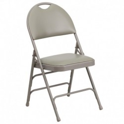 MFO Extra Large Ultra-Premium Triple Braced Gray Vinyl Metal Folding Chair with Easy-Carry Handle
