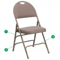MFO Extra Large Ultra-Premium Triple Braced Beige Fabric Metal Folding Chair with Easy-Carry Handle