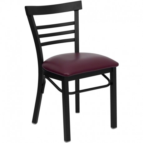MFO Black Ladder Back Metal Restaurant Chair - Burgundy Vinyl Seat