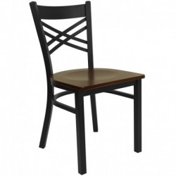 MFO Black ''X'' Back Metal Restaurant Chair - Mahogany Wood Seat