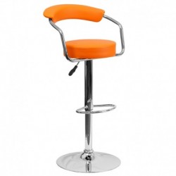 MFO Contemporary Orange Vinyl Adjustable Height Bar Stool with Arms and Chrome Base