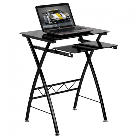 MFO Black Tempered Glass Computer Desk with Pull-Out Keyboard Tray