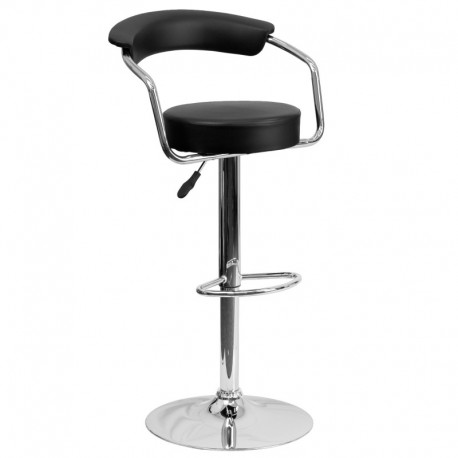 MFO Contemporary Black Vinyl Adjustable Height Bar Stool with Arms and Chrome Base