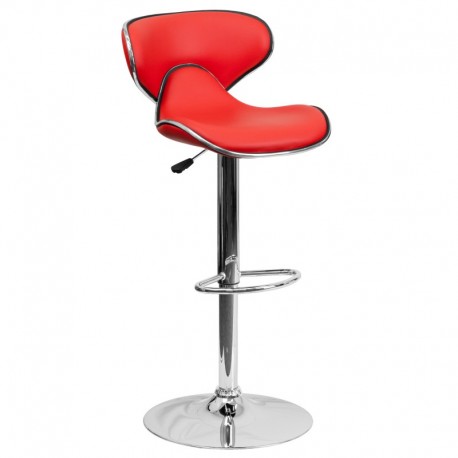MFO Contemporary Cozy Mid-Back Red Vinyl Adjustable Height Bar Stool with Chrome Base