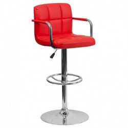 MFO Contemporary Red Quilted Vinyl Adjustable Height Bar Stool with Arms and Chrome Base