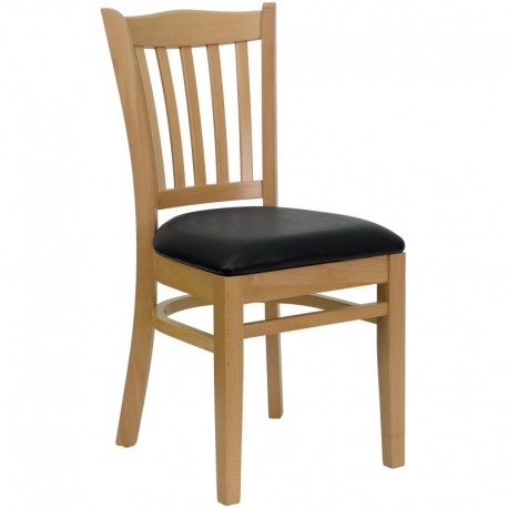 MFO Natural Wood Finished Vertical Slat Back Wooden Restaurant Chair - Black Vinyl Seat