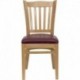 MFO Natural Wood Finished Vertical Slat Back Wooden Restaurant Chair - Burgundy Vinyl Seat