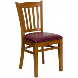 MFO Cherry Finished Vertical Slat Back Wooden Restaurant Chair - Burgundy Vinyl Seat