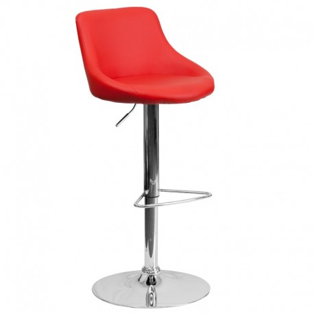 MFO Contemporary Red Vinyl Bucket Seat Adjustable Height Bar Stool with Chrome Base