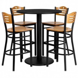 MFO 36'' Round Black Laminate Table Set with 4 Wood Slat Back Metal Bar Stools - Natural Wood Seat