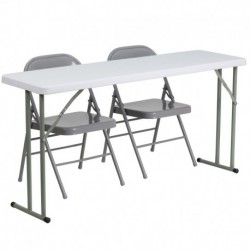 MFO 18'' x 60'' Plastic Folding Training Table with 2 Gray Metal Folding Chairs