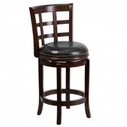 MFO 24'' Cappuccino Wood Counter Height Stool with Black Leather Swivel Seat