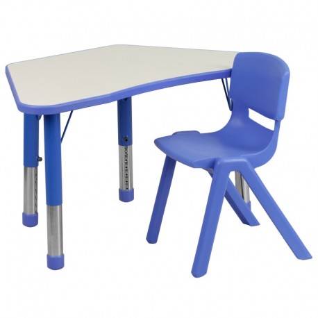 MFO Blue Trapezoid Plastic Activity Table Configuration with 1 School Stack Chair