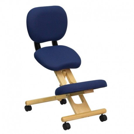 MFO Mobile Wooden Ergonomic Kneeling Posture Chair in Navy Blue Fabric with Reclining Back