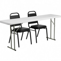 MFO 18'' x 72'' Plastic Folding Training Table with 2 Trapezoidal Back Stack Chairs