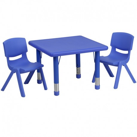 MFO 24'' Square Adjustable Blue Plastic Activity Table Set with 2 School Stack Chairs