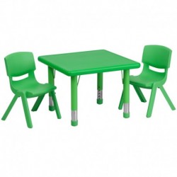 MFO 24'' Square Adjustable Green Plastic Activity Table Set with 2 School Stack Chairs