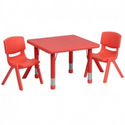 MFO 24'' Square Adjustable Red Plastic Activity Table Set with 2 School Stack Chairs