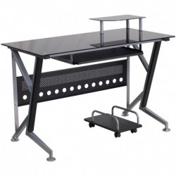 MFO Black Glass Computer Desk with Pull-Out Keyboard Tray and CPU Cart