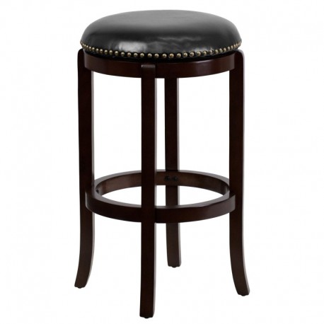 MFO 29'' Backless Cappuccino Wood Bar Stool with Black Leather Swivel Seat