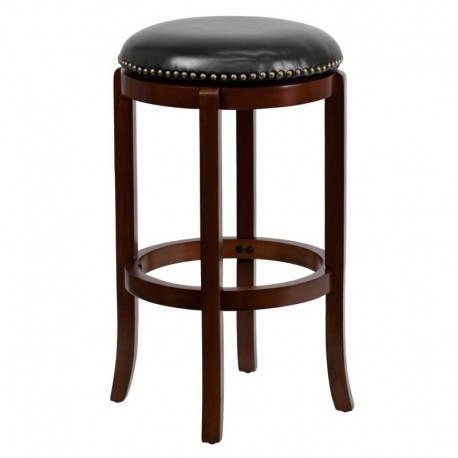 MFO 29'' Backless Cherry Wood Bar Stool with Black Leather Swivel Seat