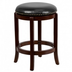MFO 24'' Backless Cherry Wood Counter Height Stool with Black Leather Swivel Seat