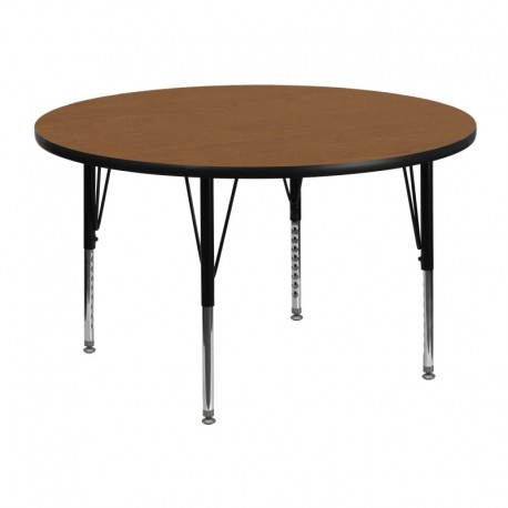 MFO 48'' Round Activity Table with Oak Thermal Fused Laminate Top and Height Adjustable Pre-School Legs