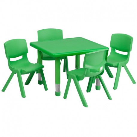 MFO 24'' Square Adjustable Green Plastic Activity Table Set with 4 School Stack Chairs