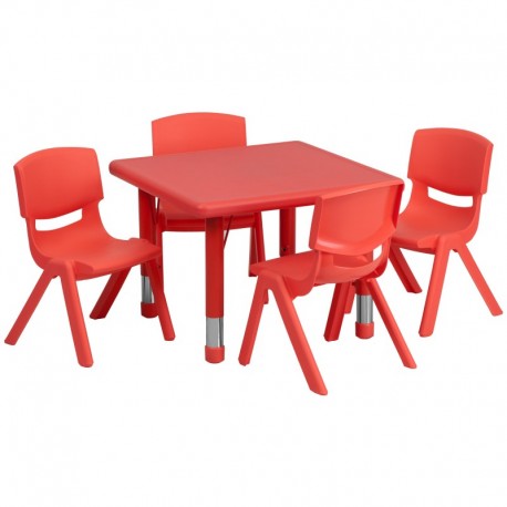 MFO 24'' Square Adjustable Red Plastic Activity Table Set with 4 School Stack Chairs