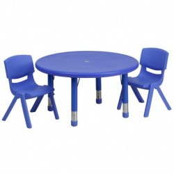 MFO 33'' Round Adjustable Blue Plastic Activity Table Set with 2 School Stack Chairs