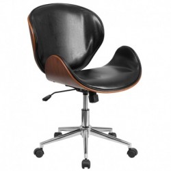 MFO Mid-Back Natural Wood Swivel Conference Chair in Black Leather
