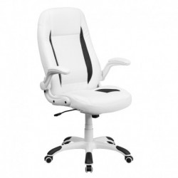 MFO High Back White Leather Executive Office Chair with Flip-Up Arms