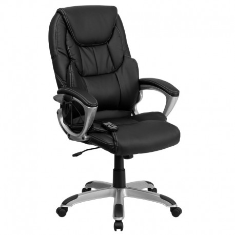 MFO High Back Massaging Black Leather Executive Office Chair with Silver Base