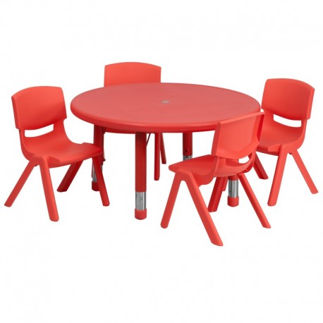MFO 33'' Round Adjustable Red Plastic Activity Table Set with 4 School Stack Chairs