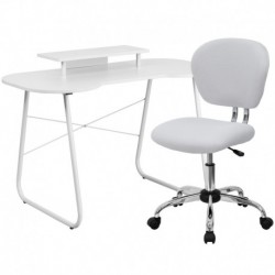MFO White Computer Desk with Monitor Platform and Mesh Chair