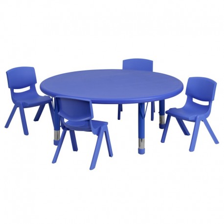 MFO 45'' Round Adjustable Blue Plastic Activity Table Set with 4 School Stack Chairs
