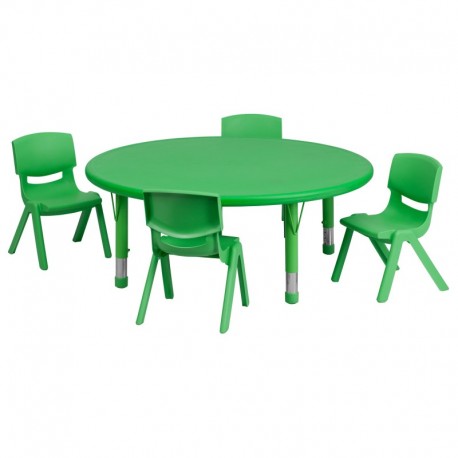 MFO 45'' Round Adjustable Green Plastic Activity Table Set with 4 School Stack Chairs