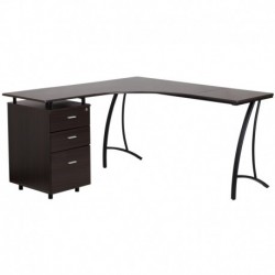 MFO Walnut Laminate L-Shape Desk with Three Drawer Pedestal