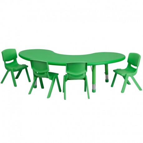 MFO 35''W x 65''L Adjustable Half-Moon Green Plastic Activity Table Set with 4 School Stack Chairs