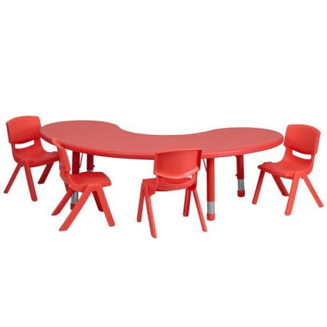 MFO 35''W x 65''L Adjustable Half-Moon Red Plastic Activity Table Set with 4 School Stack Chairs