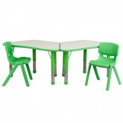MFO Green Trapezoid Plastic Activity Table Configuration with 2 School Stack Chairs