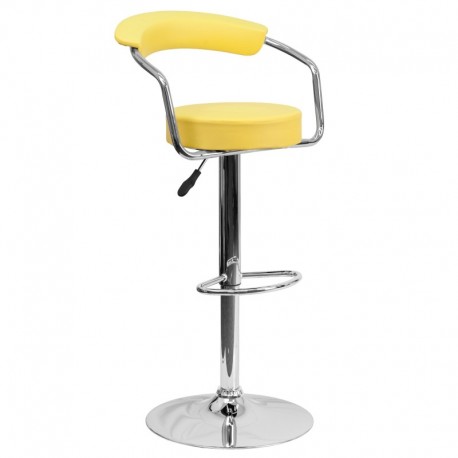 MFO Contemporary Yellow Vinyl Adjustable Height Bar Stool with Arms and Chrome Base