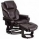 MFO Contemporary Brown Leather Recliner and Ottoman with Swiveling Mahogany Wood Base